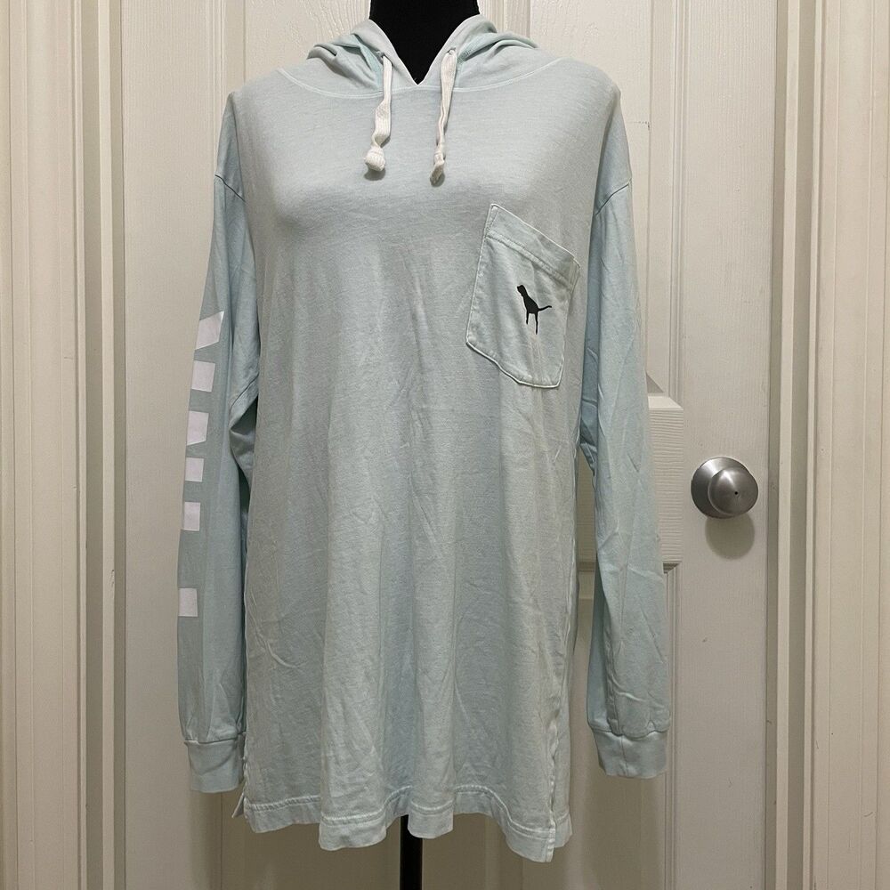 Victoria's Secret PINK Lightweight Hoodie T Shirt Blue Dog Logo Women's Small S